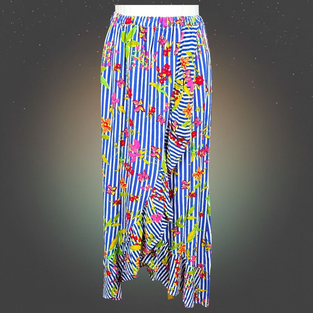 Magic Tropical Floral Stripe Faux Wrap Maxi Skirt S Resort Mediterranean Boho